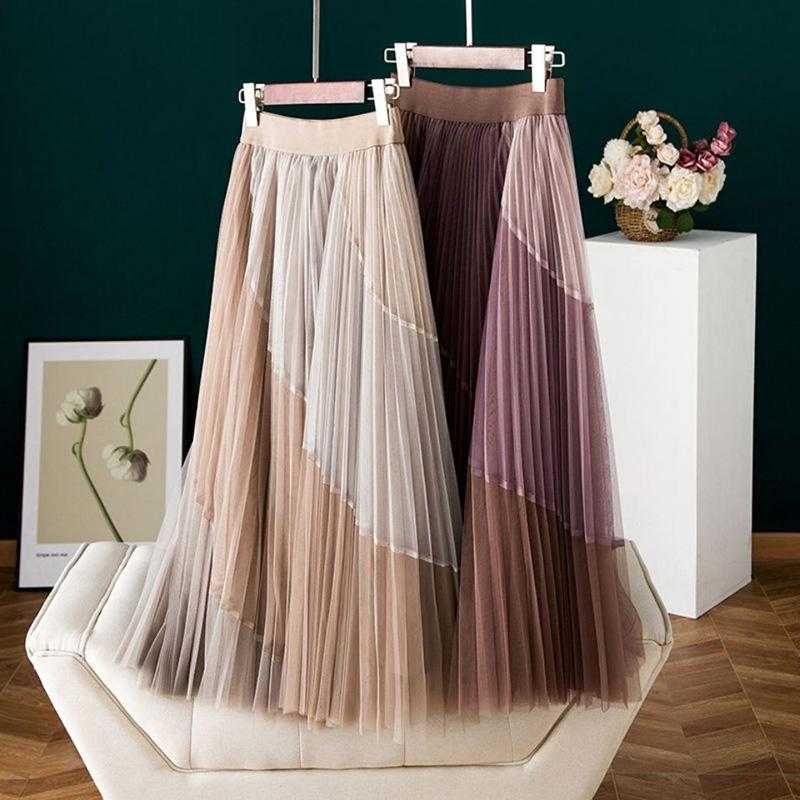 Pleated Printed Gauze Skirt High Waist Elastic Waist Mid-length Large Hem Skirt Spiral Color Stitching Lace A-line Skirt