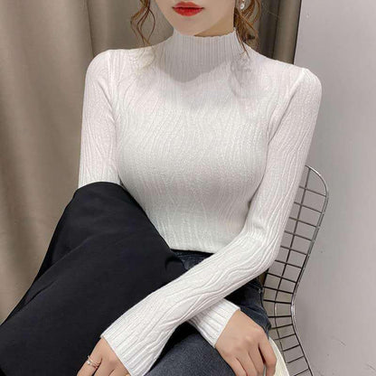 Autumn Winter Knitted High Neck Sweater Women's Solid Color Stretch Slim Bottoming Shirt All-mach Wrinkle Pullover Jumper Top