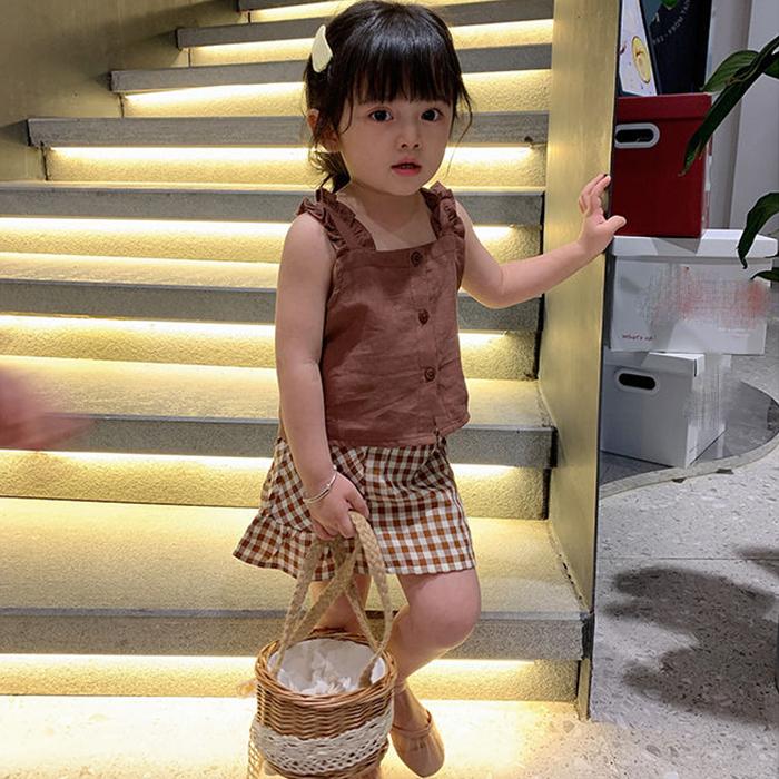 Kids Baby Girl Clothes Set Tops Solid Sleeveless Shirt Crop Plaid A-Line Skirt Summer Casual Outfit Sets Girls 0-2Y