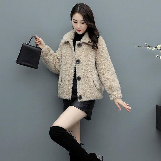 Winter Fur One-piece Imitation Lamb Fur Coat Women Loose Short Solid Color Thin Woolen Coat Women