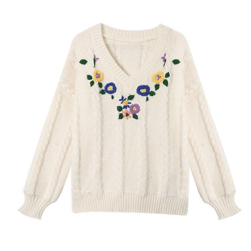 Embroidered Pullover Women's Sweater Japanese Loose Lazy Style V-neck Blouse Long-sleeved Knitted Bottoming Shirt