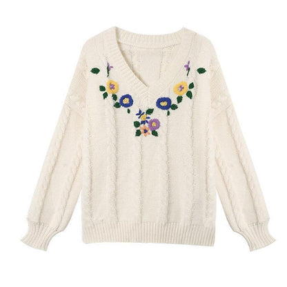 Embroidered Pullover Women's Sweater Japanese Loose Lazy Style V-neck Blouse Long-sleeved Knitted Bottoming Shirt