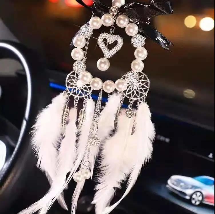 Car Pendant Car Pendant Imitation Pearl Dream Catcher Feather Rearview Mirror Pendant
