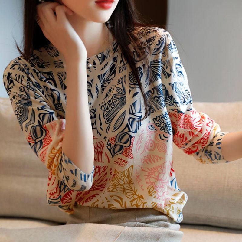 Sweater Women's Ink Painting Print Pullover Knitwear Thin Section Korean Loose Top Spring and Autumn Fluffy Fashion