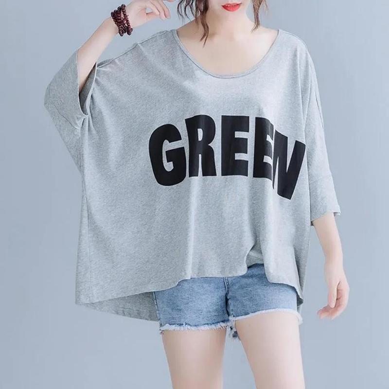 Large Size Women's Loose Letter Printing Short-sleeved T-shirt Tops Women's Casual Loose Large Size Round Neck Mid-sleeve T-shirts