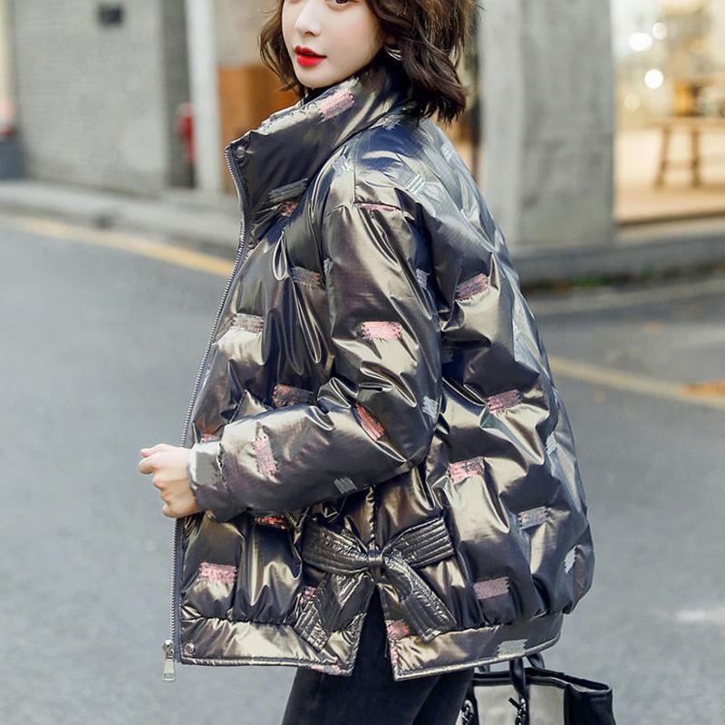 Women's Bright Print Short Down Jacket Winter Korean Loose Quilted Jacket Casual Stand-up Collar Hooded Down Jacket Quilted Jacket
