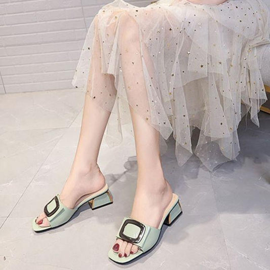 Korean Version  High-heeled Slippers Women's Summer Wear Mid-heel Sandals Fashionable  Versatile Thick-heeled Slippers