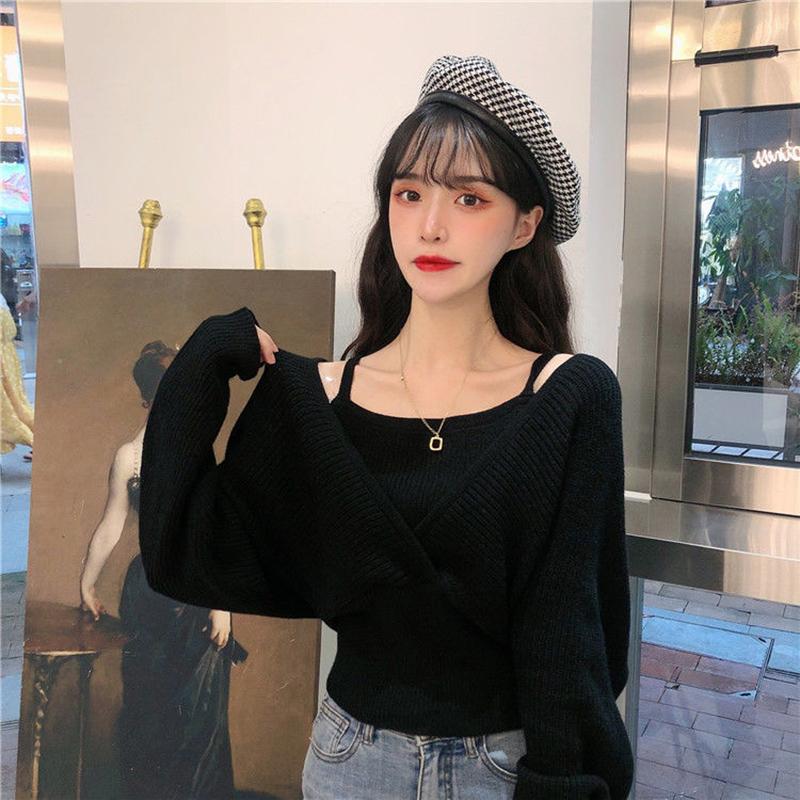 Design Sense French Niche Waist Sleeves Are Thin, Fake Two-piece Clavicle Strapless Large Size Long-sleeved Sweater Women's Blouse