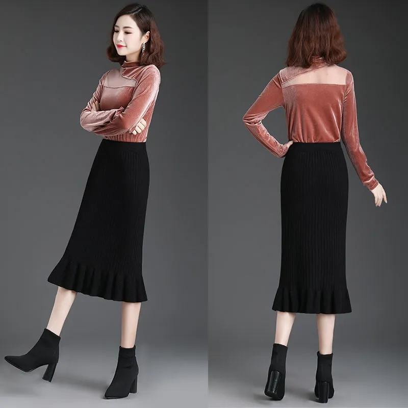 Skirts Womens Knitted Skirt Female Spring Hip Skirts Solid Color Mid-length Wool Skirt Stretchy Ruffled Mermaid Skirts