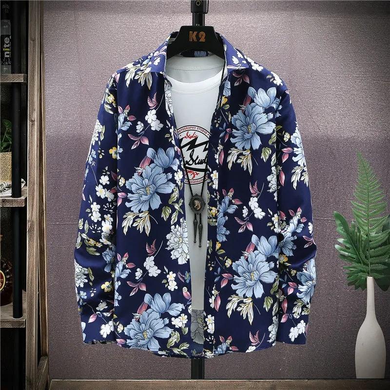 Spring and Autumn Flower Shirt Men's Long Sleeve Slim Lapel Youth Floral Shirt Jacket Thin Top Jacket Shirt