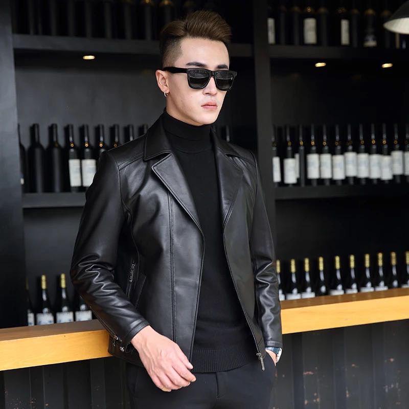 Genuine Leather Men's Leather Winter Motorcycle Jacket Top Layer Leather Short Fashion Slim Youth Leather Jacket
