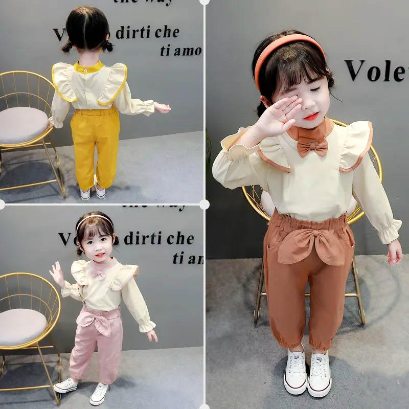 Children's Suits Girls Spring and Autumn Clothes Cute Bow Decoration Single-breasted Long-sleeved Comfortable Light and Breathable Two-piece Set