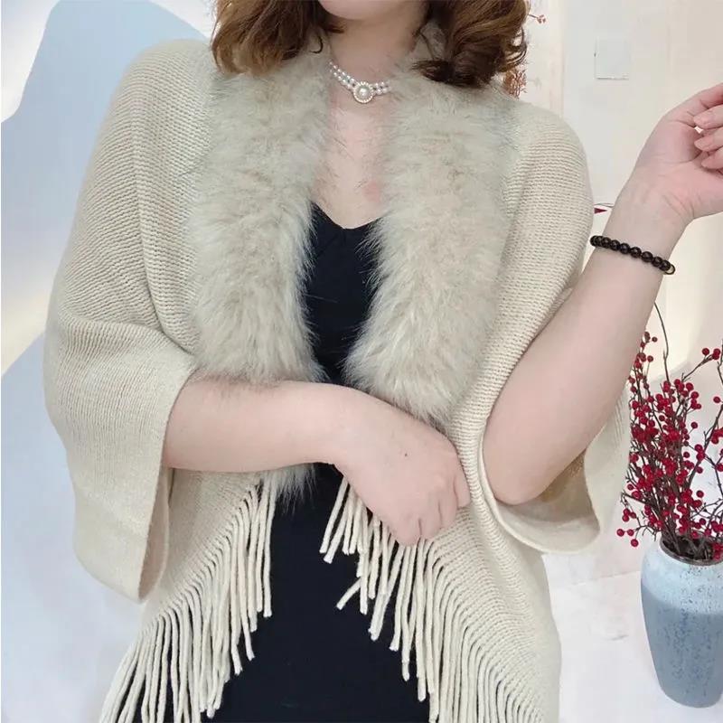 Ladies Autumn Winter Loose Fur Collar Shawl Luxurious Thick Warm Cardigan Jacket Ladies All-match Cardigan Jacket Knitting Tassel Wrap Cape Cloak