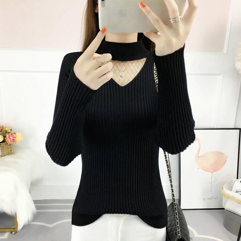 Pofulove sweater women's autumn new V-neck hollow lace winter coat thick long-sleeved bottoming shirt women