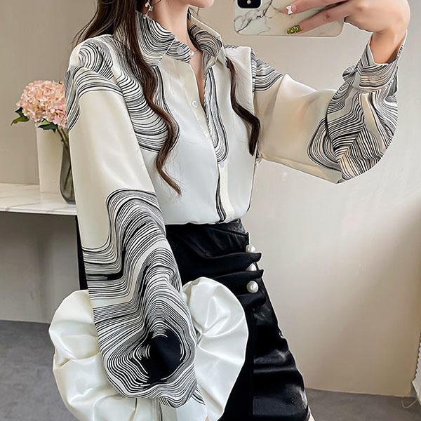 Long-sleeved Casual Tops Large Size Loose Chiffon Shirts Women's Spring and Autumn Lapel Elegant Printed Blouses