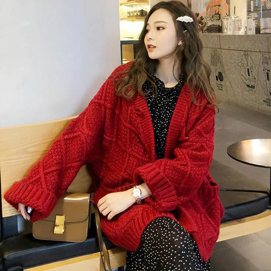 Women's Korean Warm Sweater Coat Cardigan Thickening Twist Loose Knitted Sweater Fashion