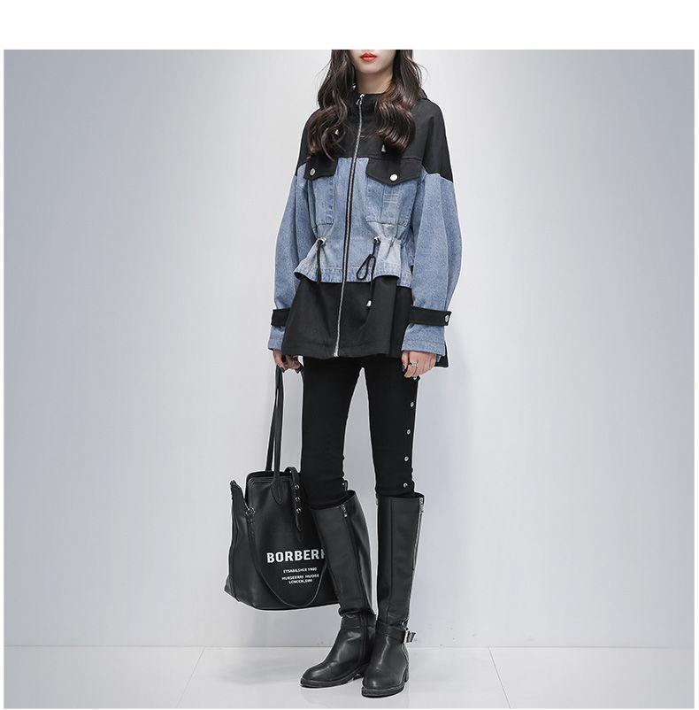 Autumn New Plus Size Women's Mid-length Hooded Windbreaker Women's Waist Slimming Stitching Denim Jacket Women's Parker