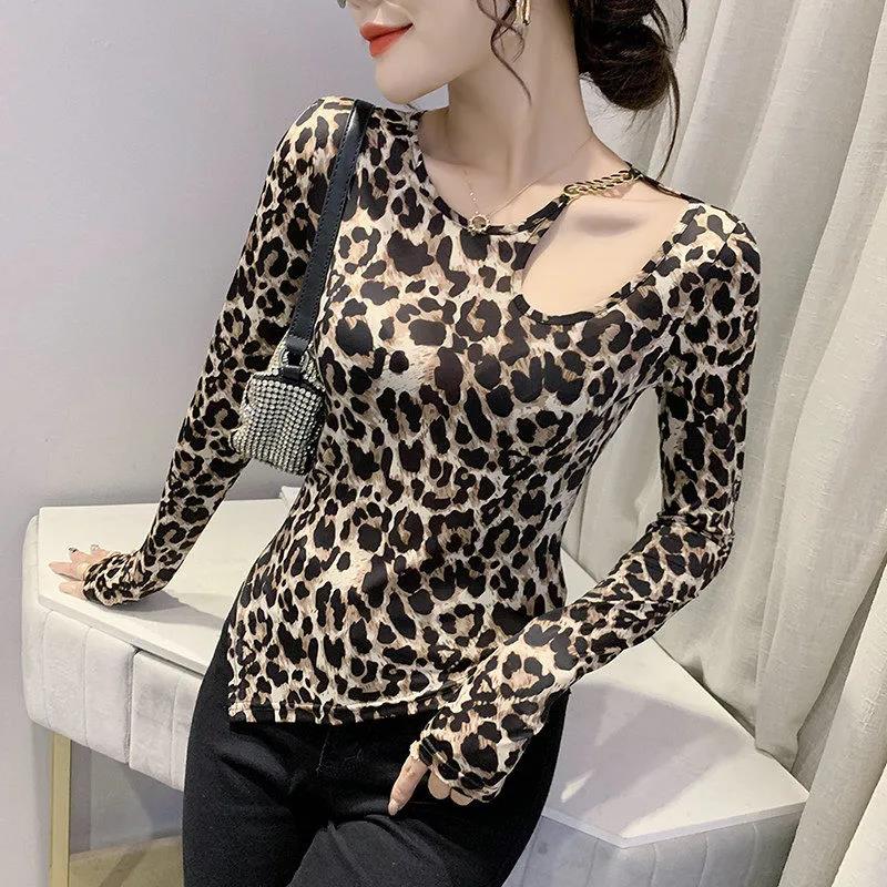 Fashion Irregular Leopard Print Top Women Sexy Hollow Out Shoulder Long Sleeve Top Fashion Large Size Bottoming Shirt