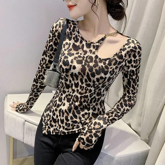 Fashion Irregular Leopard Print Top Women Sexy Hollow Out Shoulder Long Sleeve Top Fashion Large Size Bottoming Shirt