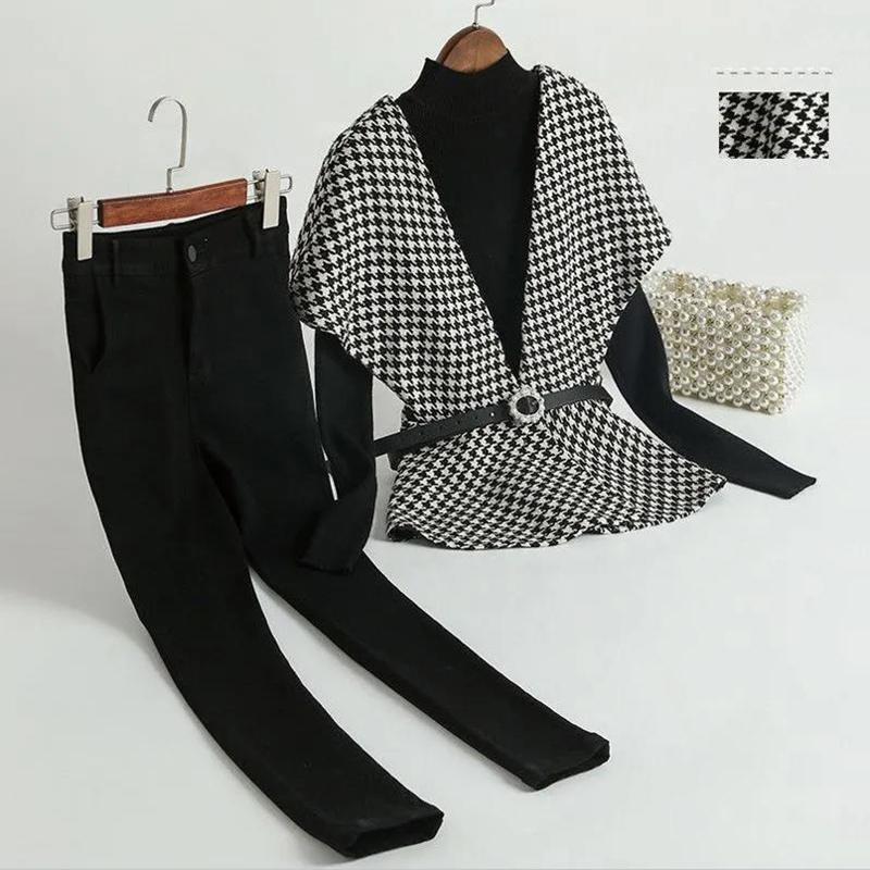 Mature Royal Sister Suit Female Wild Houndstooth Vest + Leggings + Belt Three-piece Elegant Black and White Suit
