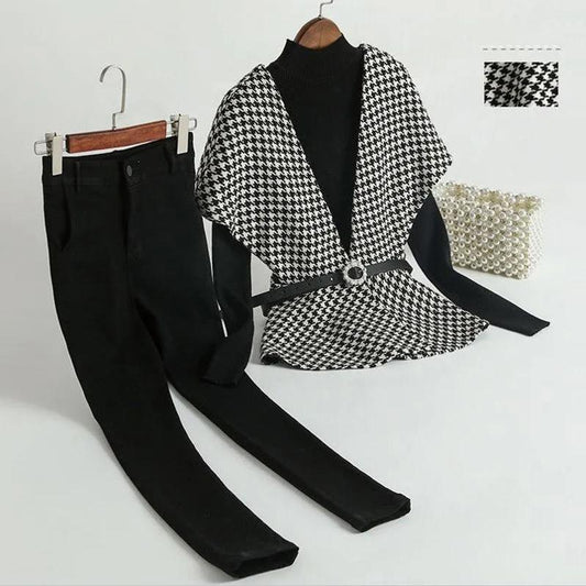 Mature Royal Sister Suit Female Wild Houndstooth Vest + Leggings + Belt Three-piece Elegant Black and White Suit