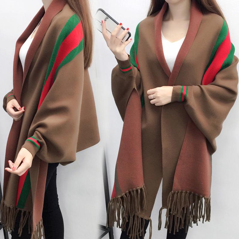 Thicken and Increase Cashmere Feel Long Tassel Shawl Knitted Cardigan Striped Sweater Coat Warm Wrap Women Spring and Autumn