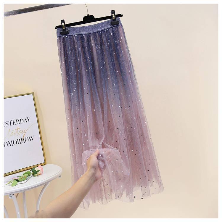 Spring Summer Skirts Women Long Tulle Skirt Sequined Pleated A Line Midi Skirt Chic High Waist Skirt