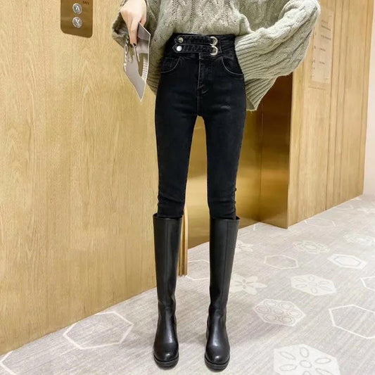 Autumn and Winter Plus Velvet Thick High Waist Jeans Female Wild Body Slimming Stretch Foot Hips Nine Pants