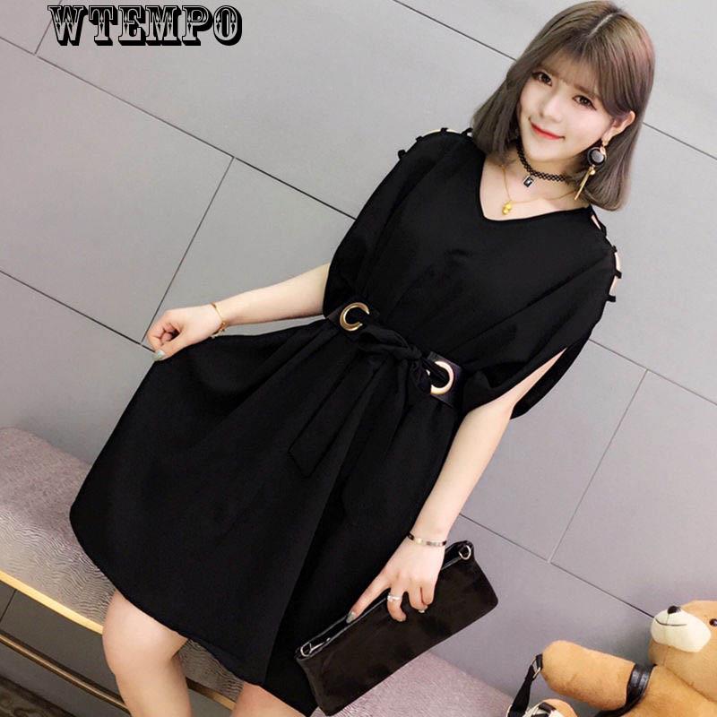 Brand Women's Leaking Shoulder Dress Summer Dress Bat Sleeve Loose Skirt