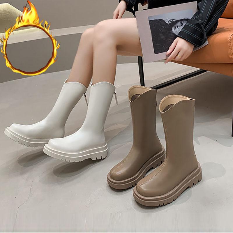 Chelsea Boots Mid-tube Boots Plus Velvet Snow Boots British Style Martin Boots Thick-soled Winter Boots Autumn and Winter