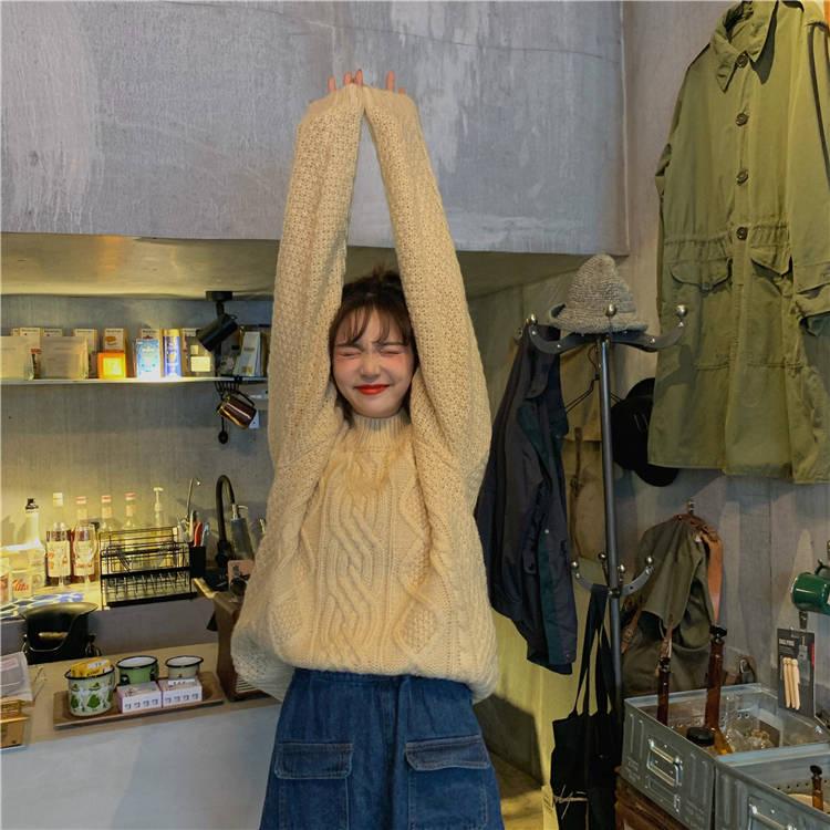 Pofulove Sweater Women's Autumn Winter Loose Wild Thickening Wear Lazy Wind Twist Coat Student