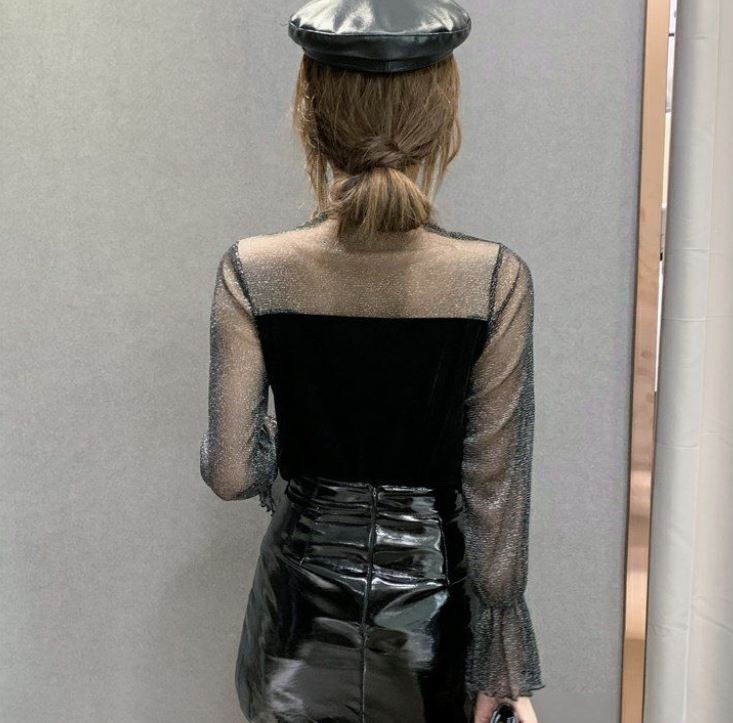 Mesh Stitching Sexy Perspective Women's Top Fashion Lace Letter Print Bottoming Shirt