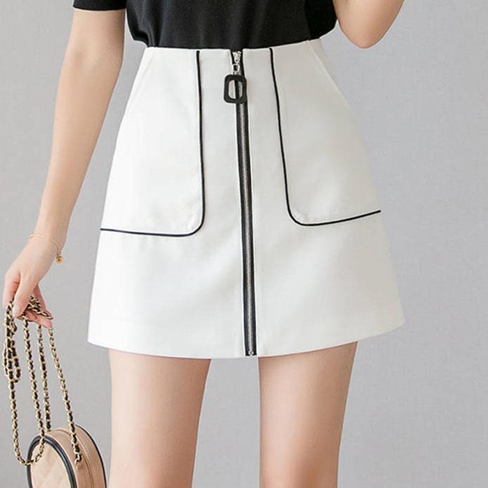 Pofulove Women High Waist Slim Chiffon Skirt with Pocket Anti-light Bag Hip Skirt Mini A-line Skirt