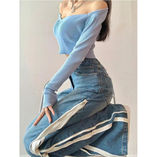 Double Side Zipper Wide-leg Jeans Women's Loose Straight-leg Mopping Flared Trousers with A Sense of Niche High Street Pants