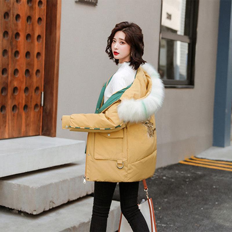 Women's Solid Color Embroidered Down Jacket Mid-length Korean Style Loose Thick Coat Warm Cotton Coat Large Fur Collar Winter Quilted Jacket