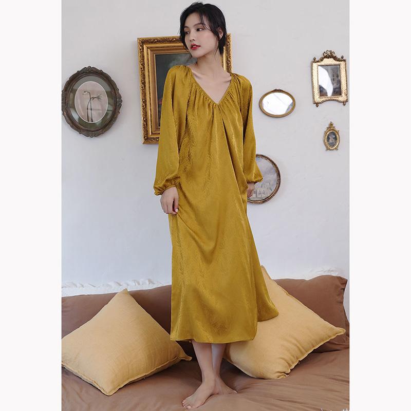 Women's Autumn Nightdress Ice Silk Backless Comfortable High Quality Pajamas Sexy Deep V Homewear Out Wear Loose Solid Color Printing Nightdress