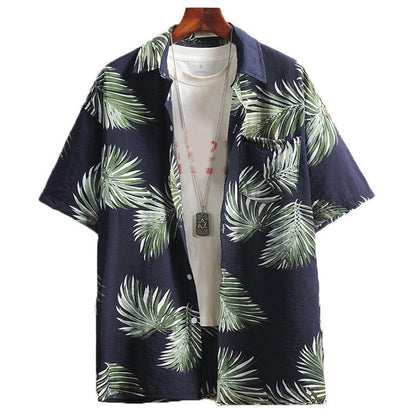 Summer Men Tees Beach Shirt Leaf Print Tee Plus Size Loose Overshirt Half Sleeve Retro Clothes Casual Male Undies Button Up Top