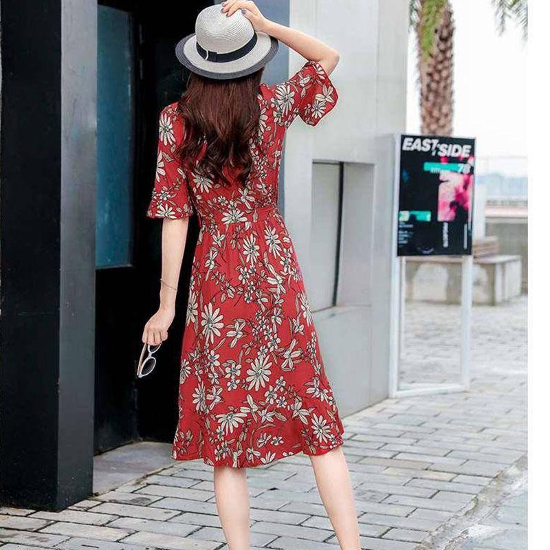 Fashion Summer Cotton Drawstring Dress Medium-length Floral Dress Belt Flare Sleeve Irregular Dress