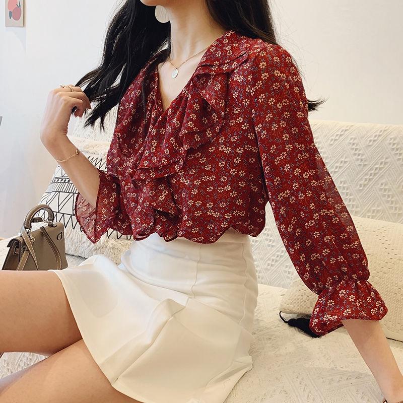 Floral V-neck Wood Ear Edge Trumpet Sleeve Seven Sleeve Chiffon Shirt, Women's Summer Korean Loose Top Trend