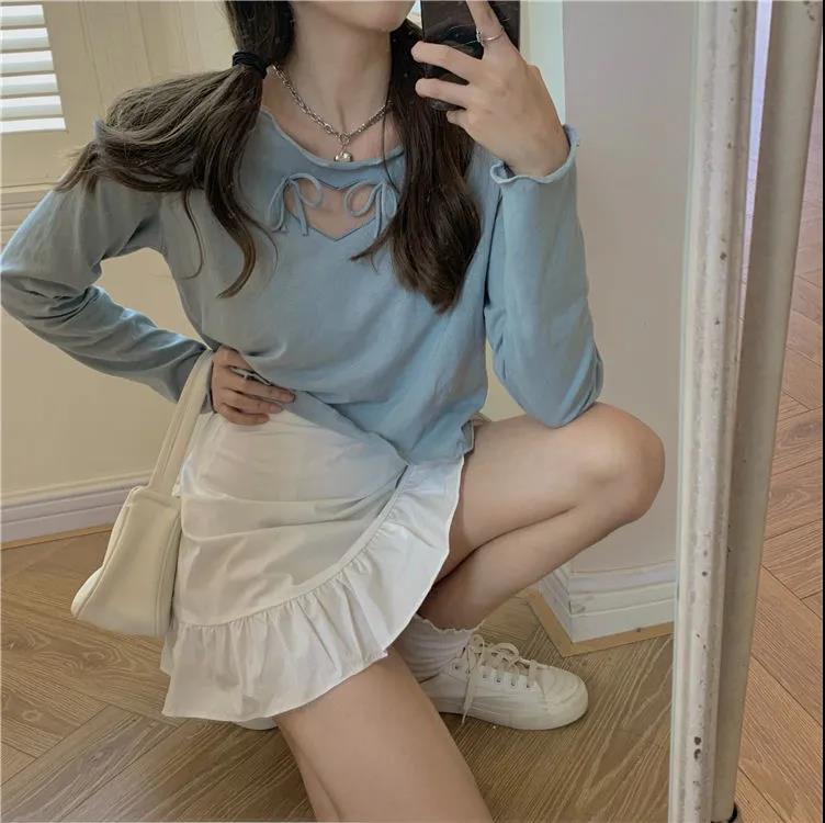 Womens Love Hollow Frill Loose Tops Blouse Casual Crew Neck Pullover T-Shirt