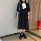 Cute Sweet Girl Bow Ruffle College Style Mid-length A-shaped Skirt Age Reduction Looser  Short Sleeve Dress