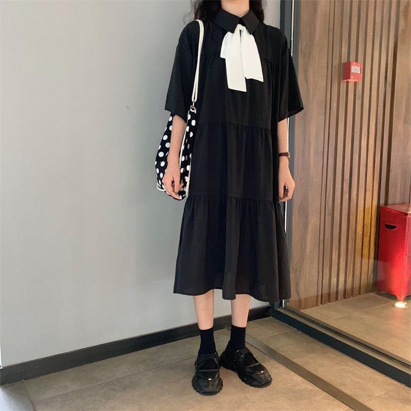 Cute Sweet Girl Bow Ruffle College Style Mid-length A-shaped Skirt Age Reduction Looser  Short Sleeve Dress