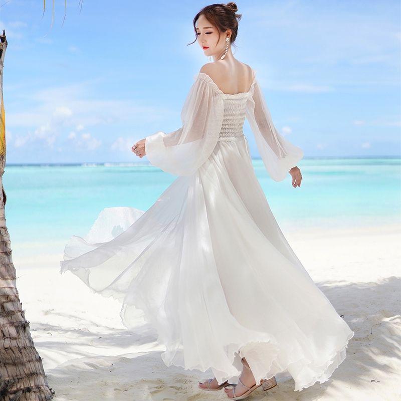 Woman skirt word shoulder chiffon dress female summer seaside beach skirt slim wild white dress