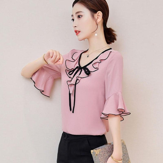 Summer Chiffon Lace Shirt Women's Short Sleeve Round Neck Loose Top Flared Sleeve