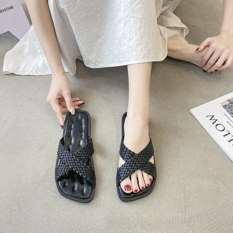 Sandals and Slippers Women's Outer Wear Summer Korean Fashion Candy Color Woven Cross Flat Flip Flops