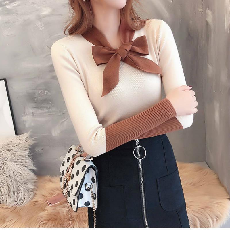 Winter Knitwear Bow V-Neck Bottoming Shirt Simple Color Pullover Jumper Long Sleeve Sweater