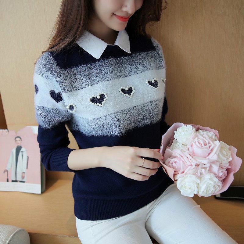 Autumn Winter Korean  Short Pullover Sweater Lapel Loose Sweater Coat Sweet Beaded Fake Two pieces Sweaters for Students Office Ladies
