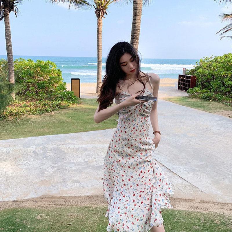 Floral Pearl Sling Dress Summer Mid-length Split Sweet First Love Dress