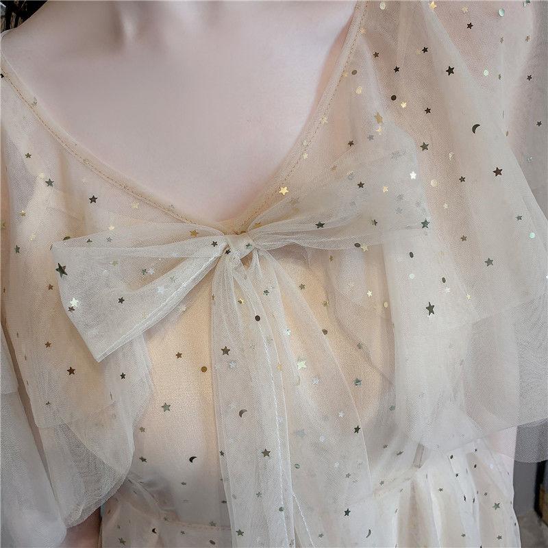 Sexy Sweet Woman A-line Skirts V-neck Veil Decorative Stars Shiny and Beautiful Folds Ruffle Bow Dress Bar Wedding Party