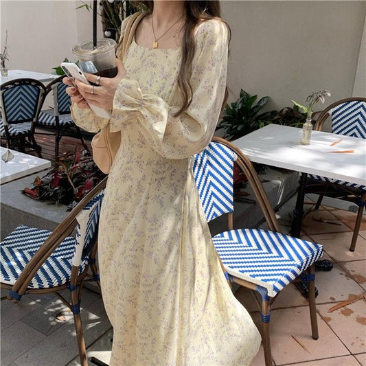 Female Elegant Floral Print Graceful Holiday Dress Vintage Gentle Fairy Long Vacation Slim Dress